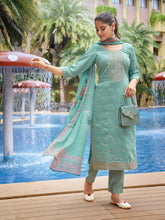 Women's Viscose Chanderi Embroidered Straight Kurta Pant With Dupatta-ME135-TAMCDNGSEAGRN